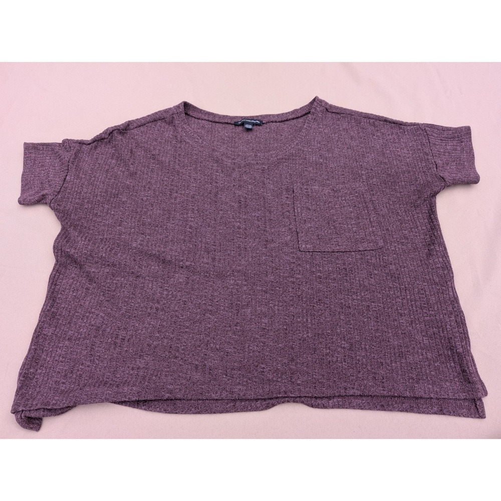 American Eagle Shirt Women Sz S/P/ChPlum Knit Ribbed Top Short Sleeve Round Neck